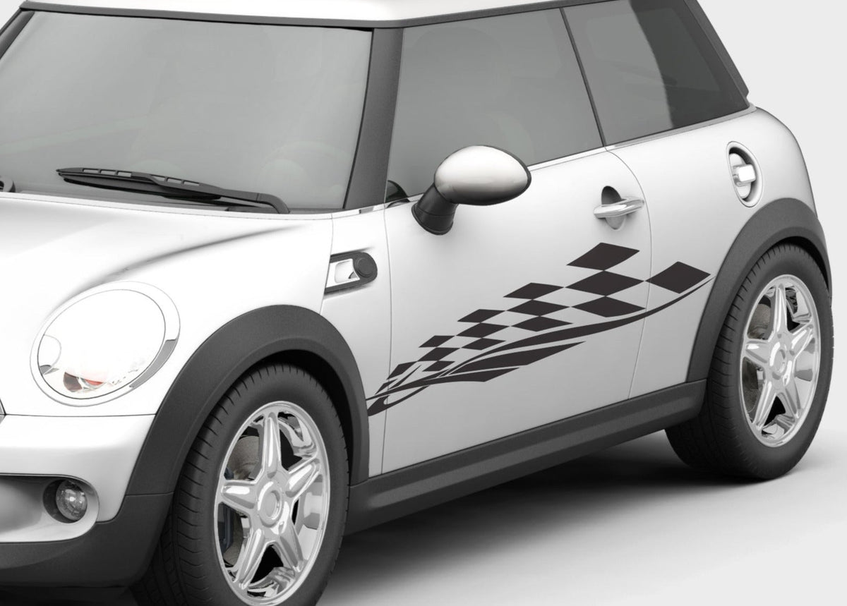 Checkered flag decal on white mini cooper car